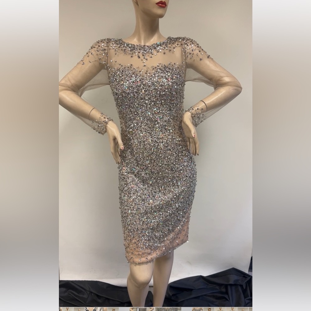 Terani fully beaded illusion long sleeves open back dressy dress